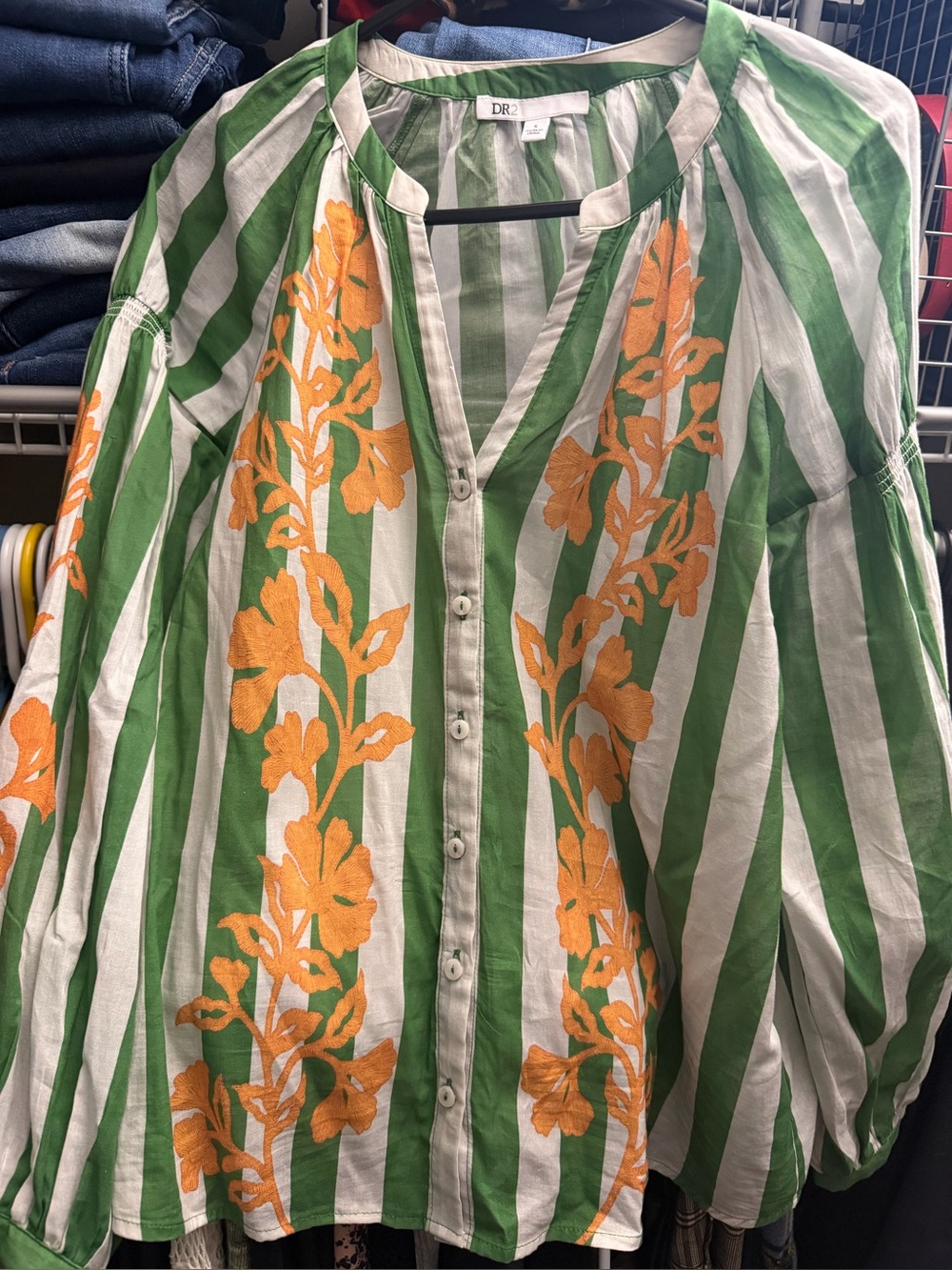 DR2 Green & White Striped Button-Up Shirt with Orange Floral Embroidery